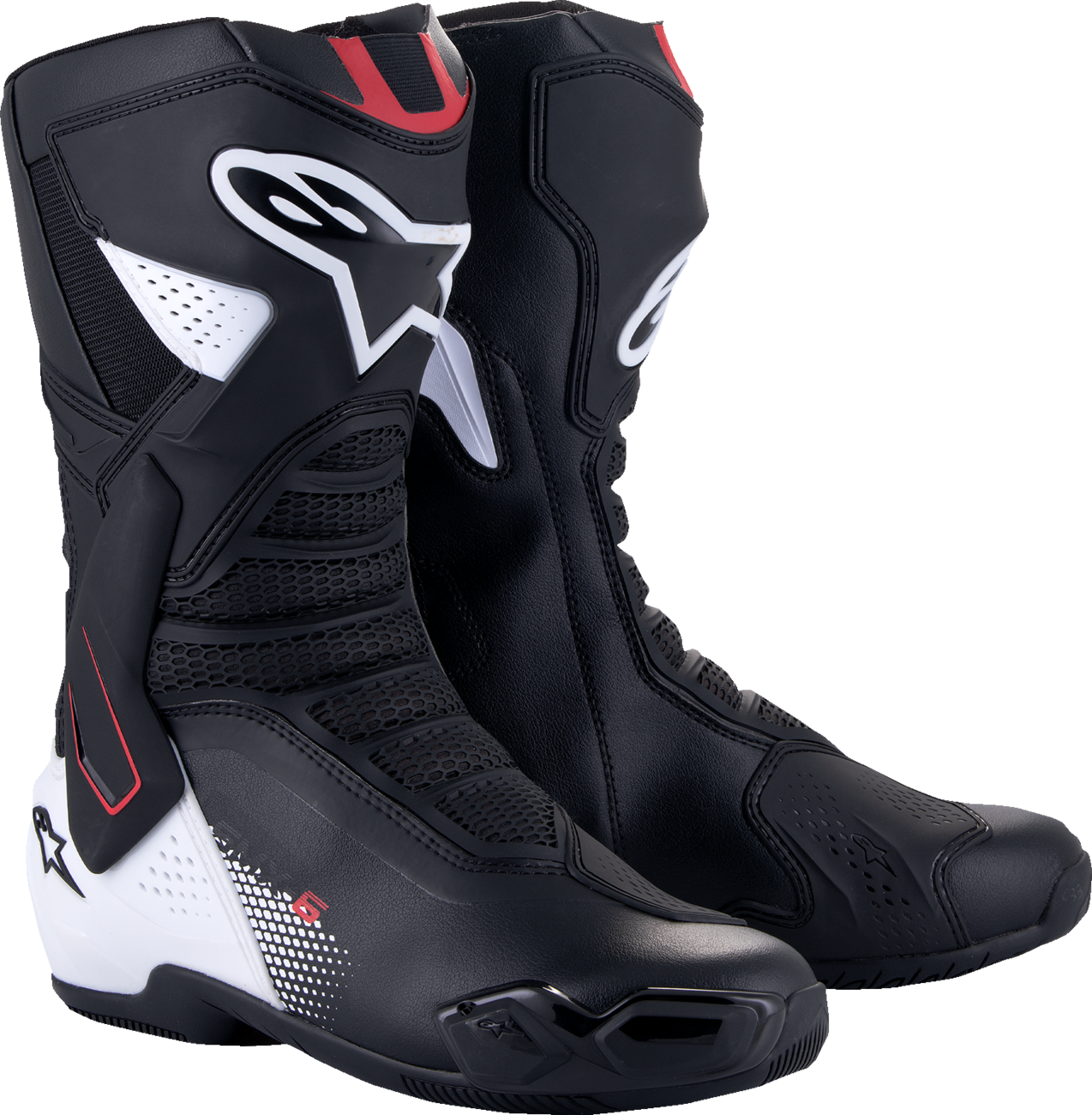 Alpinestars SMX-6 V3 motorcycle race boots in black, white, and red graphic with US 8 / EU 42 size, showing front view.
