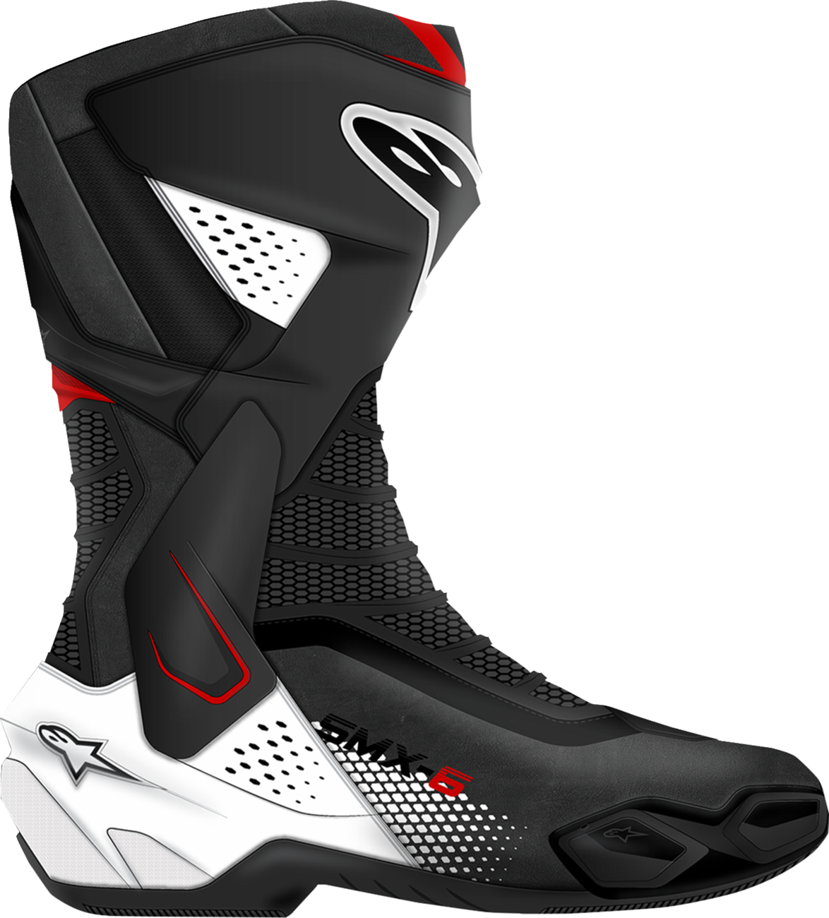 Alpinestars SMX-6 V3 motorcycle boots in black, white, and red color with US size 9, showing protective ankle and sole details.