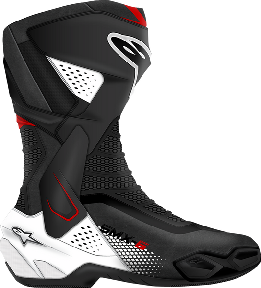 Alpinestars SMX-6 V3 motorcycle race boots in black, white, and red graphic with US size 8, side view showing protective design