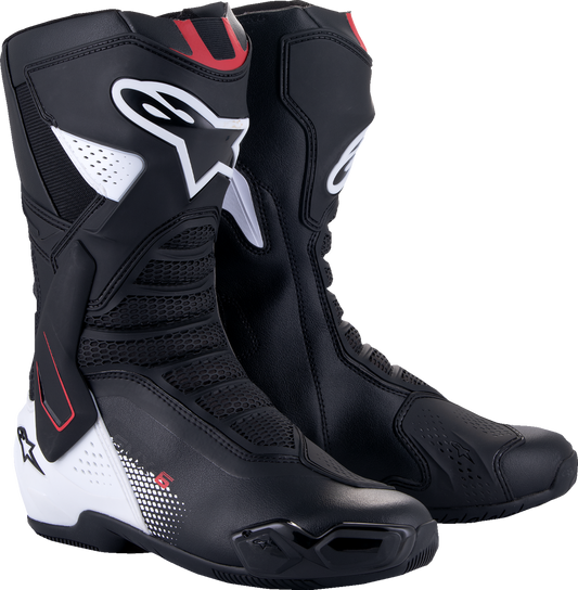 Alpinestars SMX-6 V3 motorcycle boots in black, white, and red graphic with US 12.5 size, side view showing protective design