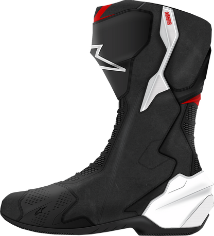 Alpinestars SMX-6 V3 motorcycle boots in black, white, and red graphic design with US 12.5 size, showing side view and protective features.