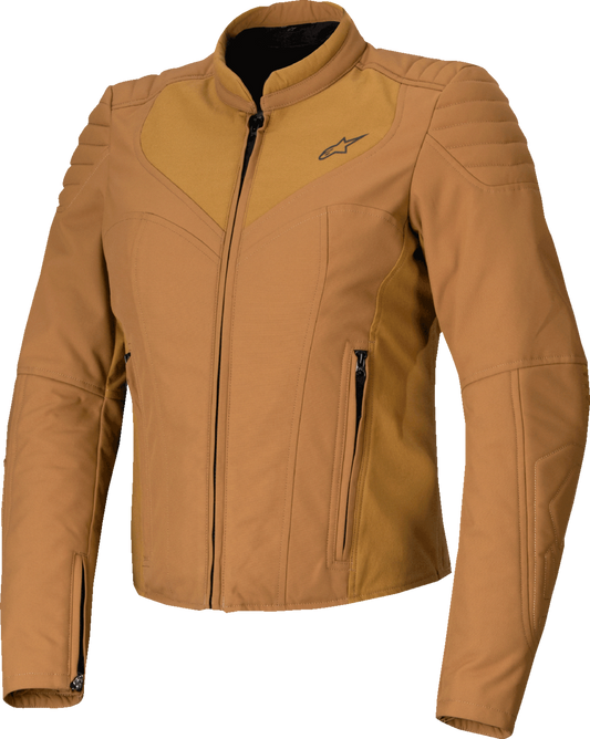 Alpinestars Stella Isla WR Women's motorcycle jacket in utility brown and light gold, size small, showing front view with protective details.