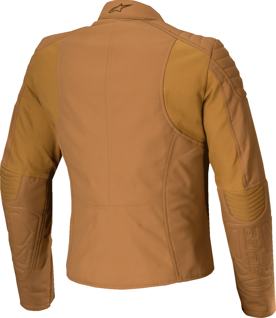 Alpinestars Stella Isla WR women's water-resistant motorcycle jacket in utility brown and light gold, shown on a model.