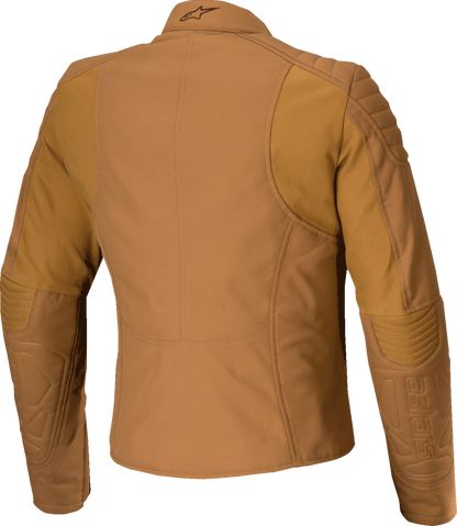 Alpinestars Stella Isla WR women's water-resistant motorcycle jacket in utility brown and light gold, shown on a model.