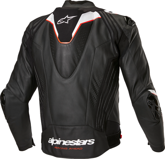 Alpinestars Missile v3 Ignition leather motorcycle jacket in black and white, US 44 / EU 54, showcasing front view and armor details.
