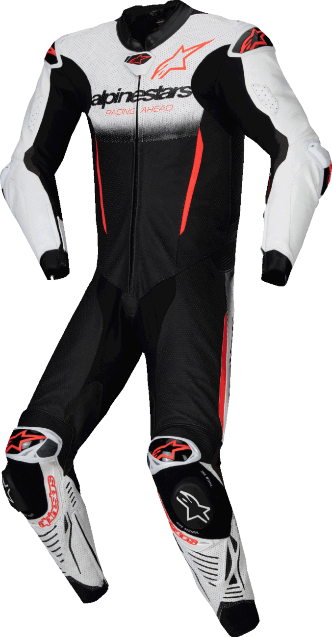 Alpinestars GP-R7 1-piece leather racing suit in white, black, and red fluo, size US 40/EU 50, designed for track and racing.