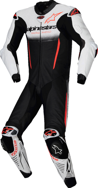 Alpinestars GP-R7 1-piece leather racing suit in white, black, and red fluo, size US 40/EU 50, designed for track and racing.