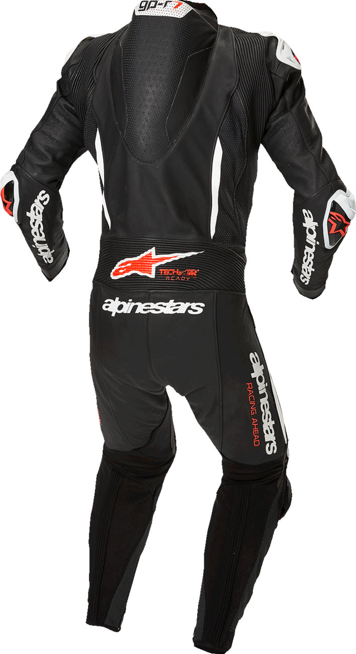 Alpinestars GP-R7 black, white, and red fluo leather racing suit with protective padding, US 48 / EU 58 size, front view.