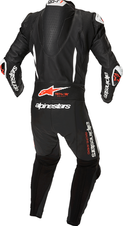 Alpinestars GP-R7 black, white, and red fluo leather racing suit with protective padding, US 48 / EU 58 size, front view.