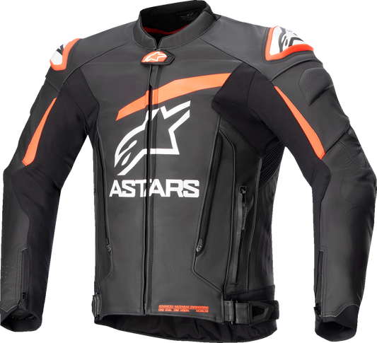 Alpinestars GP Plus v4 leather motorcycle jacket in black, red fluo, and white, US 38 / EU 48, front view with protective details.