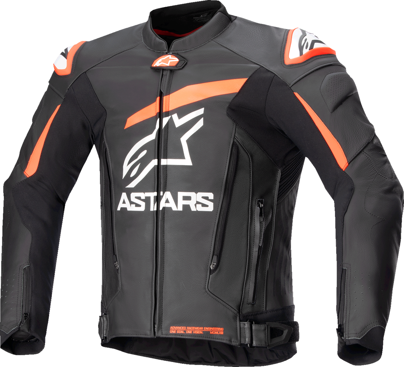 Alpinestars GP Plus v4 leather motorcycle jacket in black, red fluo, and white with protective armor, US 42 / EU 52.