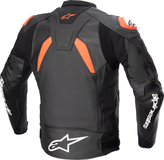 Alpinestars GP Plus v4 black and red fluo leather motorcycle jacket with white accents, US 42 / EU 52, front view.