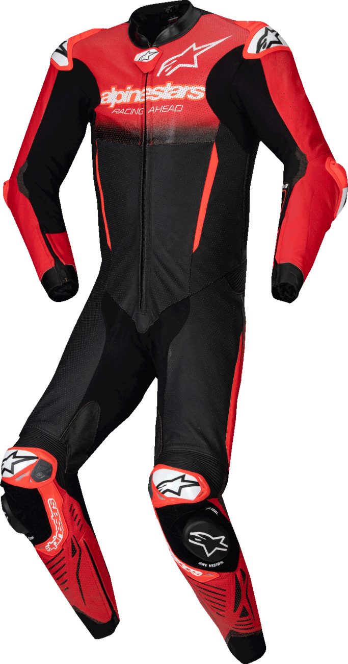 Alpinestars GP-R7 1-piece leather racing suit in black and mid red, US 38 / EU 48, designed for track day and racing.