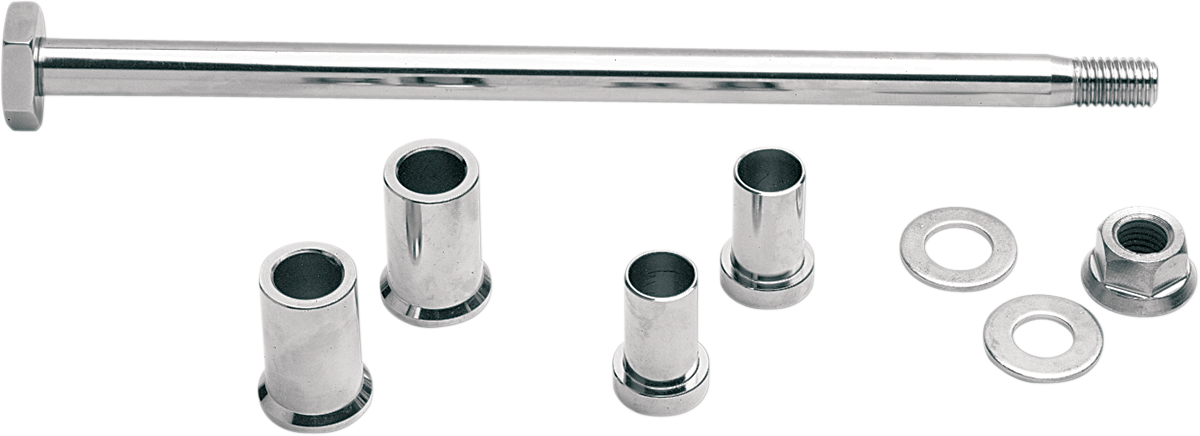 Chrome swingarm pivot shaft kit by Drag Specialties for Harley FXST/FLST (2000-2007) motorcycle, including pivot shaft components.