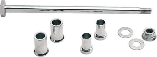 Chrome swingarm pivot shaft kit by Drag Specialties for Harley FXST/FLST (2000-2007) motorcycle, including pivot shaft components.