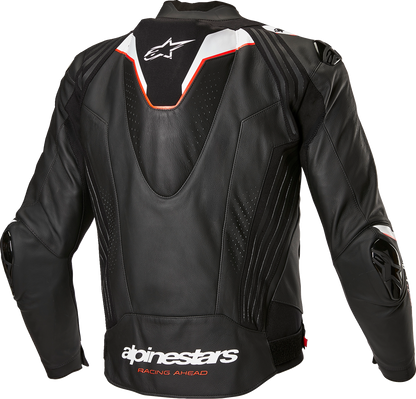 Alpinestars Missile V3 Ignition Leather Motorcycle Jacket in black and white, US 38 / EU 48, displayed on a hanger