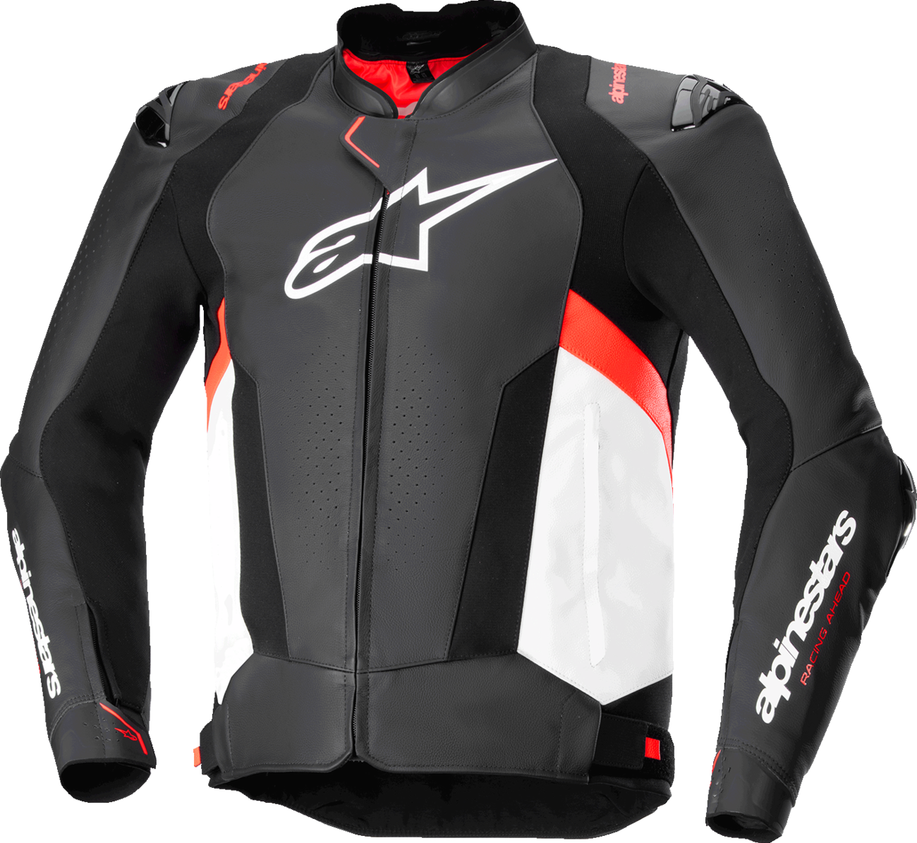 Alpinestars Missile v3 leather motorcycle jacket in black, white, and red fluo, US 42 / EU 52, shown on a hanger.