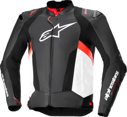 Alpinestars Missile v3 leather motorcycle jacket in black, white, and red fluo, US 42 / EU 52, shown on a hanger.