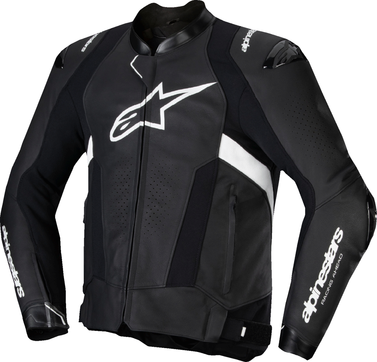 Alpinestars Missile v3 Leather Jacket in black and white, featuring racing design and protective armor for motorcycle riding.