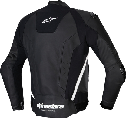 Alpinestars Missile V3 leather motorcycle racing jacket in black and white, size US 42 / EU 52, with racing armor details.