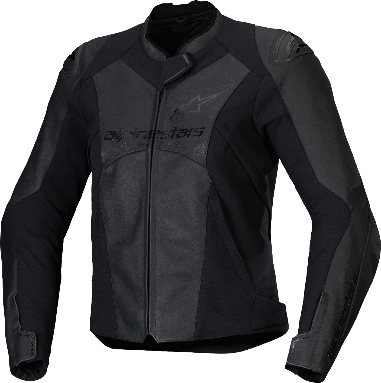 Alpinestars Stella Faster v3 black leather motorcycle jacket on a hanger, showcasing its sleek design and durable material.