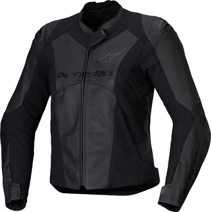 Alpinestars Stella Faster v3 black leather motorcycle jacket on a hanger, showcasing its sleek design and durable material.