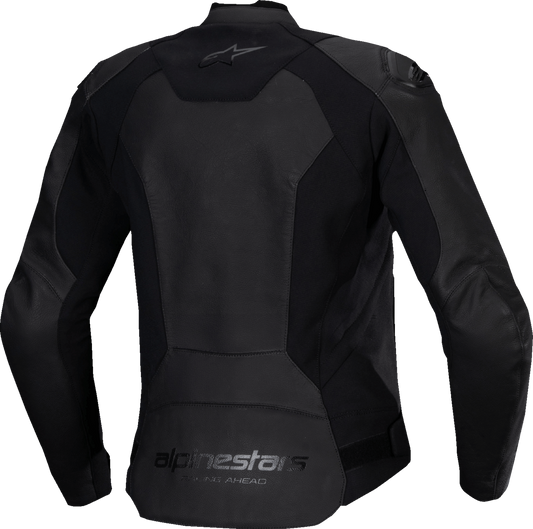Alpinestars Stella Faster v3 black leather motorcycle jacket with protective padding, front zipper, and stylish design.
