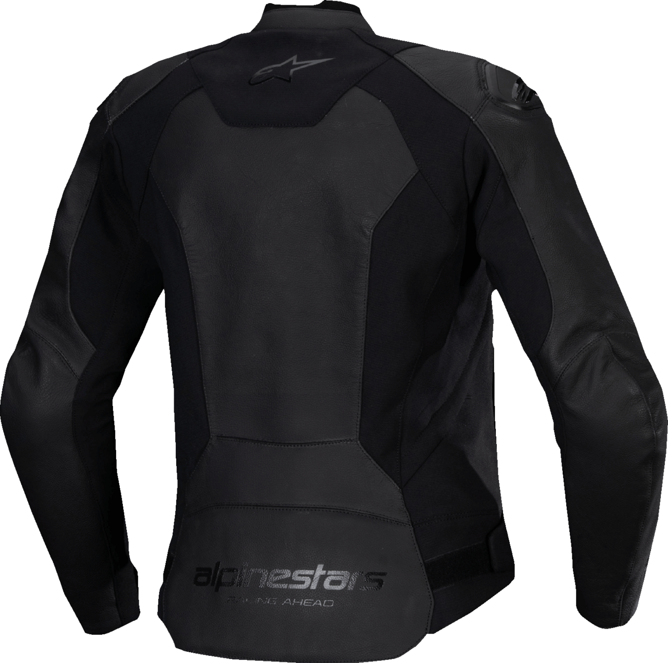 Alpinestars Stella Faster v3 black leather motorcycle jacket with protective padding, front zipper, and stylish design.