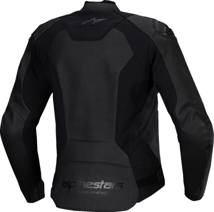 Alpinestars Stella Faster v3 black leather motorcycle jacket with protective padding, front zipper, and stylish design.