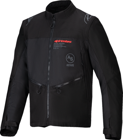 Alpinestars Pro-Dura Jacket in black with logo, zipper pockets, displayed on a hanger, 2XL size, durable motorcycle jacket.