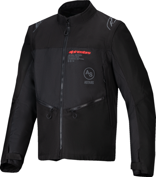 Alpinestars Pro-Dura Jacket in black with logo, zipper pockets, displayed on a hanger, 2XL size, durable motorcycle jacket.