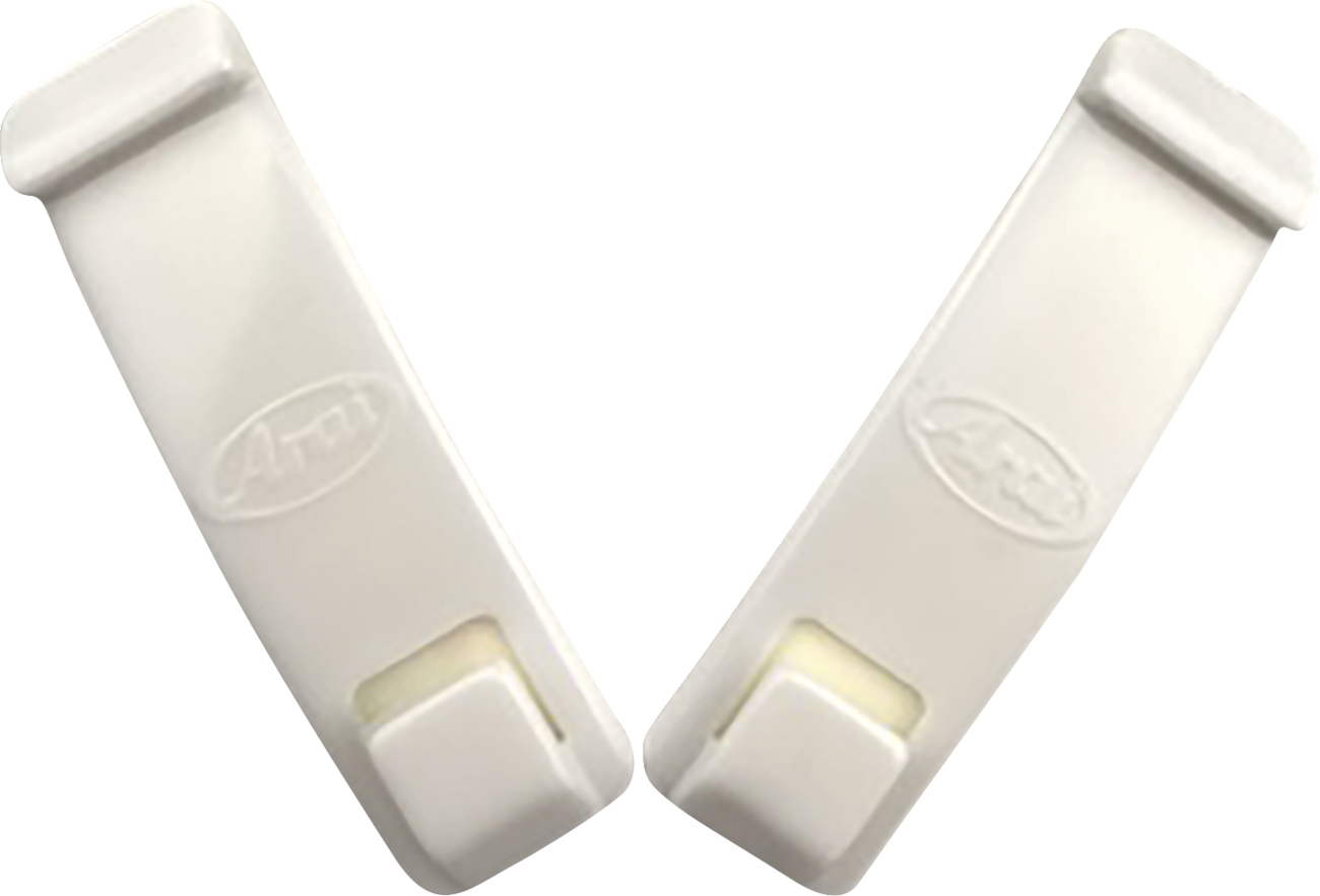 White ARAI Helmets goggle strap holders with adjustable design, compatible with ARAI helmets for secure goggle attachment.