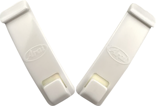 White ARAI Helmets goggle strap holders with adjustable design, compatible with ARAI helmets for secure goggle attachment.