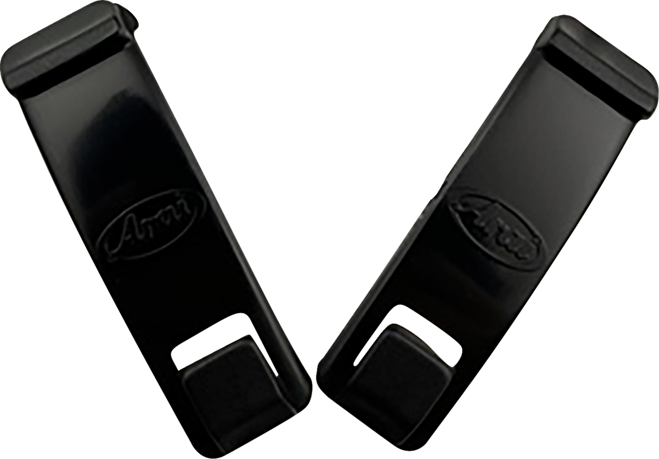 Black ARAI Helmets goggle strap holders, motorcycle helmet accessory, designed to secure goggles on ARAI helmets.