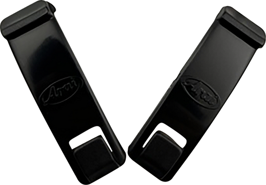 Black ARAI Helmets goggle strap holders, motorcycle helmet accessory, designed to secure goggles on ARAI helmets.