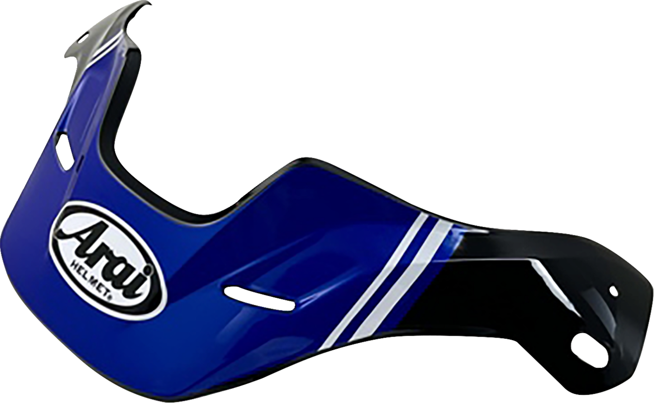 Arai XD-5 helmet with cosmic blue peak visor, featuring aerodynamic design and secure strap system.