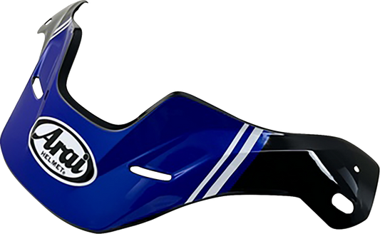 Arai XD-5 helmet with cosmic blue peak visor, featuring aerodynamic design and secure strap system.