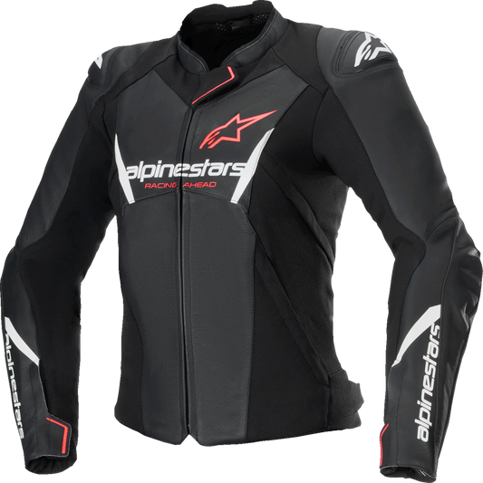 Alpinestars Stella Faster v3 leather motorcycle jacket in black, white fluo, and coral, US size 6, displayed on a hanger.