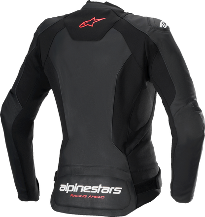 Alpinestars Stella Faster v3 black and white fluorescent leather motorcycle jacket with coral accents, US size 6, EU 42.