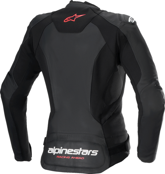 Alpinestars Stella Faster v3 black and white fluorescent leather motorcycle jacket with coral accents, US size 6, EU 42.