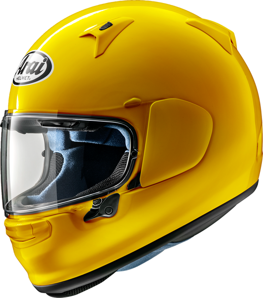 Arai Helmets Regent-X motorcycle helmet in code yellow, medium size, shown from the front with clear visor and branding.