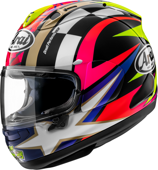 Arai Helmets Corsair-X Schwantz 30th Anniversary helmet in medium size, featuring detailed graphics and ventilation vents.
