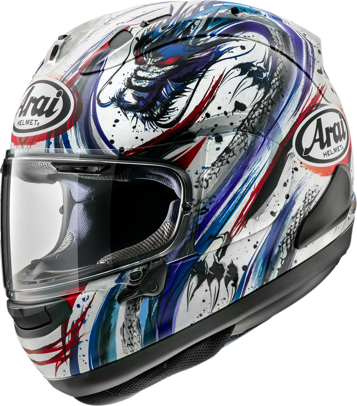 Arai Corsair-X Kiyonari Trico XL helmet with VAS shield mechanism and advanced ventilation system, featuring a sleek racing design.