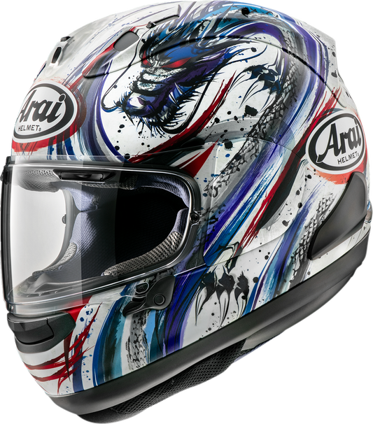 Arai Corsair-X Kiyonari Trico XL helmet with VAS shield mechanism and advanced ventilation system, featuring a sleek racing design.