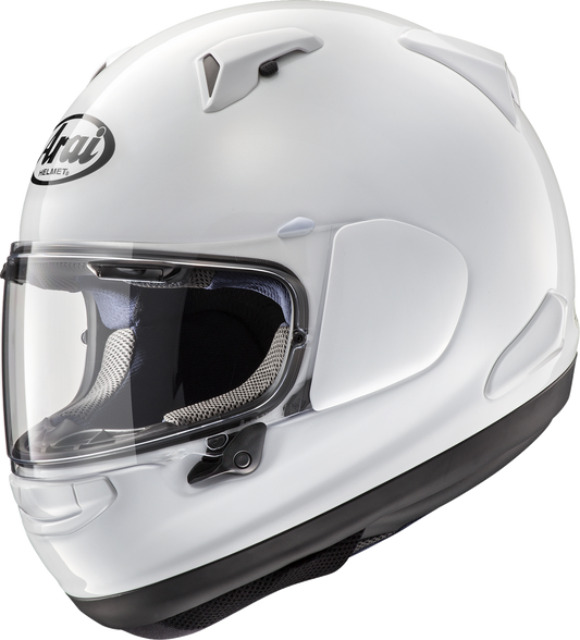 White ARAI Quantum-X motorcycle helmet in 2XL size with aerodynamic design and secure chin strap, front view.