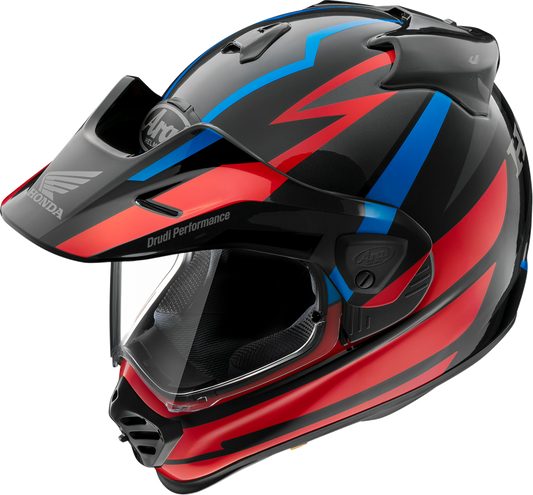 Red ARAI HELMETS XD-5 helmet for Honda Africa Twin, small size, with a sleek design and aerodynamic shape.