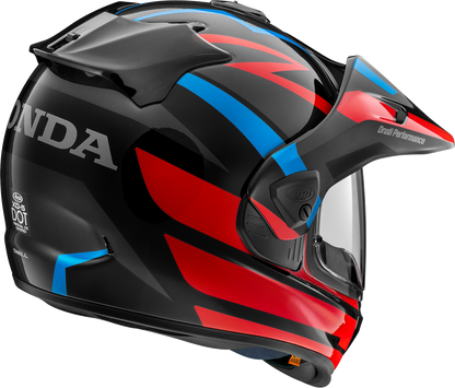 Red ARAI HELMETS XD-5 motorcycle helmet for Honda Africa Twin, small size, with a sleek aerodynamic design.