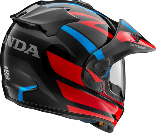 Red ARAI HELMETS XD-5 motorcycle helmet for Honda Africa Twin, small size, with a sleek aerodynamic design.