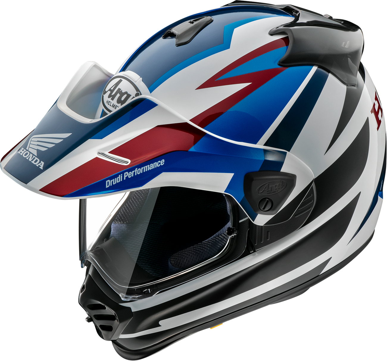 Blue ARAI HELMETS XD-5 motorcycle helmet for Honda Africa Twin, XL size, featuring a sleek aerodynamic design.