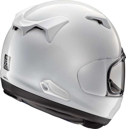 White ARAI Helmets Quantum-X motorcycle helmet in 2XL size, shown from the front with detailed vents and sleek design